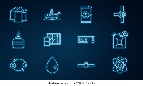 Set line Atom, Eco fuel canister, Barrel oil with dollar, Oil price increase, Alcohol or spirit burner, industrial factory building, Gas filling station and platform the sea icon. Vector