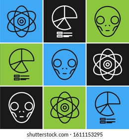 Set line Atom, Extraterrestrial alien face and Pie chart infographic icon. Vector