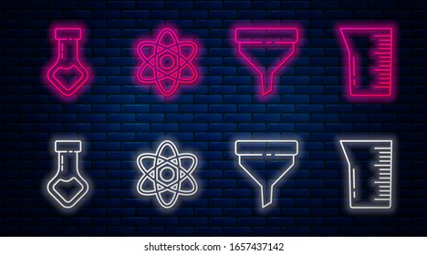 Set line Atom, Funnel or filter, Test tube and flask chemical and Laboratory glassware or beaker. Glowing neon icon on brick wall. Vector