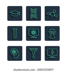 Set line Atom, Funnel or filter, Lightning bolt, Molecule, Test tube, Graduation cap and Explosion the flask icon. Vector