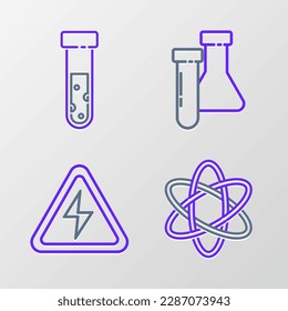 Set line Atom, High voltage sign, Test tube and flask chemical and  icon. Vector