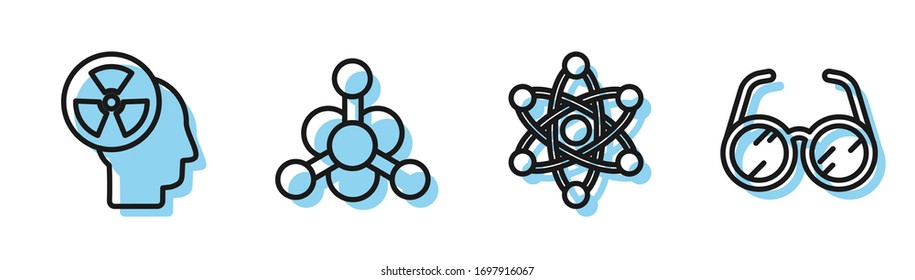 Set line Atom, Human head and a radiation, Bacteria and Laboratory glasses icon. Vector