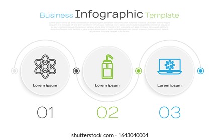 Set line Atom, Laboratory wash bottle and Bacteria on laptop. Business infographic template. Vector