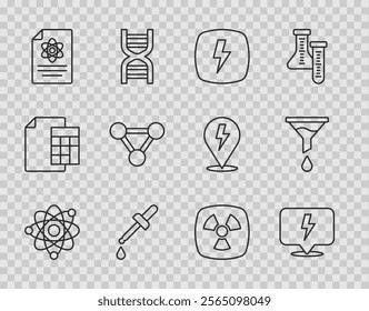 Set line Atom, Lightning bolt, Pipette, Chemistry report, Molecule, Radioactive and Funnel filter icon. Vector