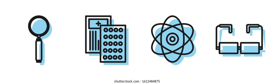 Set line Atom, Magnifying glass, Pills in blister pack and Glasses icon. Vector