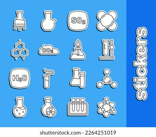 Set line Atom, Molecule, Test tube flask on stand, Sulfur dioxide SO2, CO2 emissions in cloud, Chemical formula,  and Alcohol spirit burner icon. Vector