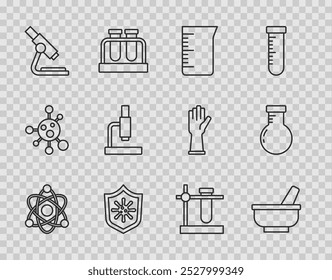 Atom, mortero y almirez, vaso de vidrio de laboratorio, escudo de protección contra virus, microscopio, frasco de tubo de ensayo en soporte e icono. Vector