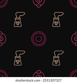 Set line Atom, Nuclear power plant and Power button on seamless pattern. Vector