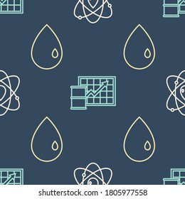 Set line Atom, Oil drop and Oil price increase on seamless pattern. Vector