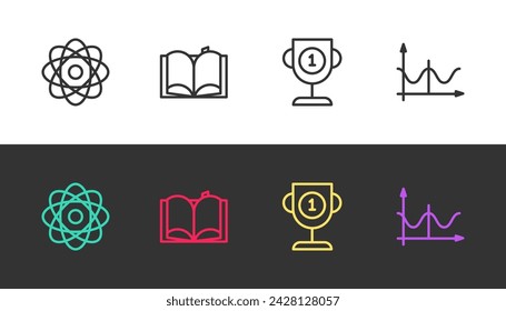 Set line Atom, Open book, Award cup and Graph, schedule, chart, diagram on black and white. Vector