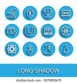 Set line Atom, Plant in pot, Microscope, Test tube and flask, Ringing bell, Magnet, Basketball ball and Office folders icon. Vector