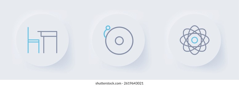 Set line Atom, Ringing alarm bell and School table and chair icon. Vector