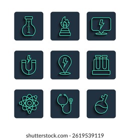 Set line Atom, Stethoscope, Test tube, Lightning bolt, Magnet,  and  icon. Vector
