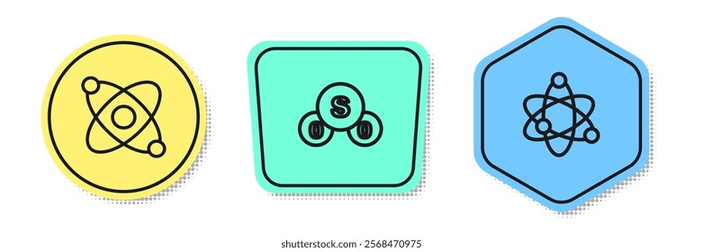 Set line Atom, Sulfur dioxide SO2 and . Colored shapes. Vector