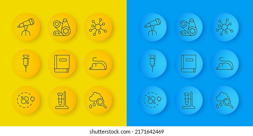 Fijar línea Atom, Syringe, Libro de ciencia, Nube con lluvia, ratón experimental, telescopio, molécula y icono del kit de correa de tiempo. Vector