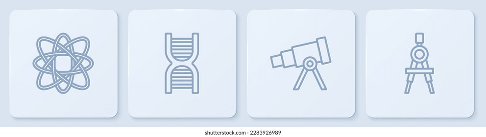 Set-Line Atom, Teleskop, DNA Symbol und Zeichenkompass. Weißer Quadrat-Knopf. Vektorgrafik