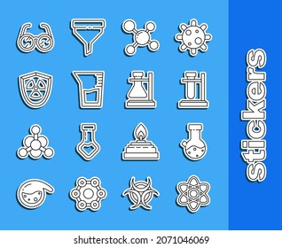 Set line Atom, Test tube and flask chemical, on stand, Molecule, Laboratory glassware or beaker, Radioactive in shield, glasses and  icon. Vector