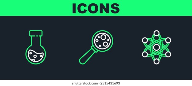 Set line Atom, Test tube and flask chemical and Microorganisms under magnifier icon. Vector