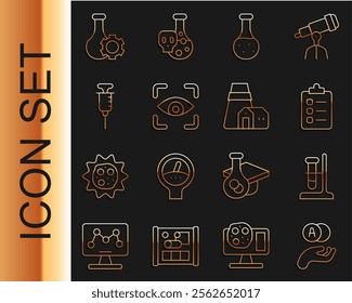 Set line Atom, Test tube flask on stand, To do list or planning, Eye scan, Syringe,  and Power station plant icon. Vector