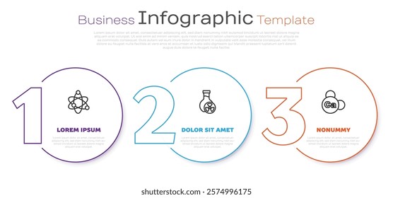 Set line Atom, Test tube with toxic liquid and Mineral Ca Calcium. Business infographic template. Vector