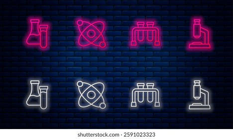 Set line Atom, Test tube,  and Microscope. Glowing neon icon on brick wall. Vector