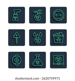 Set line Atom, Test tube radiation, Nuclear laptop, Electrical outlet, Acid rain and radioactive cloud, High voltage sign, power plant and Infectious waste icon. Vector