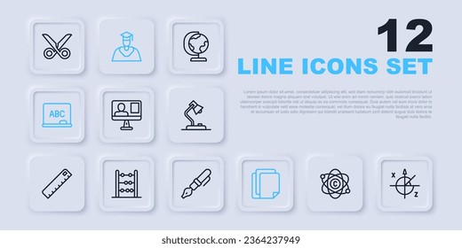 Set line Atom, Trigonometric circle, Online class, File document, Chalkboard, Abacus, Graduate and graduation cap and Fountain pen nib icon. Vector