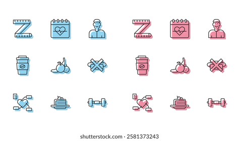 Set line Attention to health heart, Cake, Tape measure, Dumbbell, Fruit, No junk food, Coffee cup go and Heart rate icon. Vector