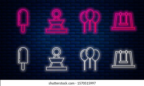 Set line Attraction carousel, Balloons with ribbon, Ice cream and Swing. Glowing neon icon on brick wall. Vector