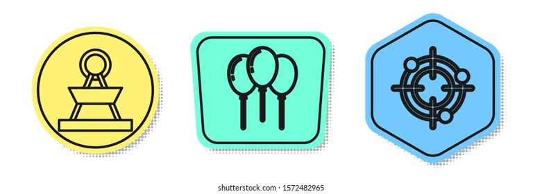 Set line Attraction carousel, Balloons with ribbon and Target sport for shooting competition. Colored shapes. Vector