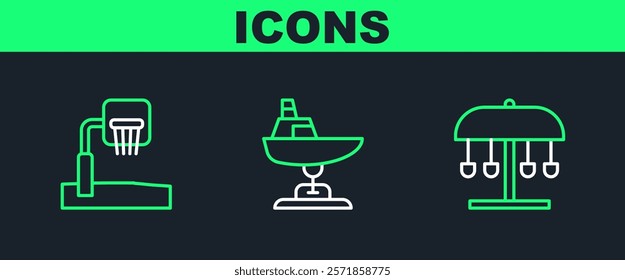 Set line Attraction carousel, Basketball backboard and Swing boat icon. Vector