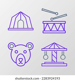 Set line Attraction carousel, Bear head, Drum with drum sticks and Circus tent icon. Vector