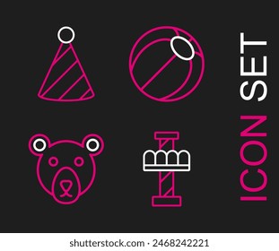 Set line Attraction carousel, Bear head, Beach ball and Party hat icon. Vector