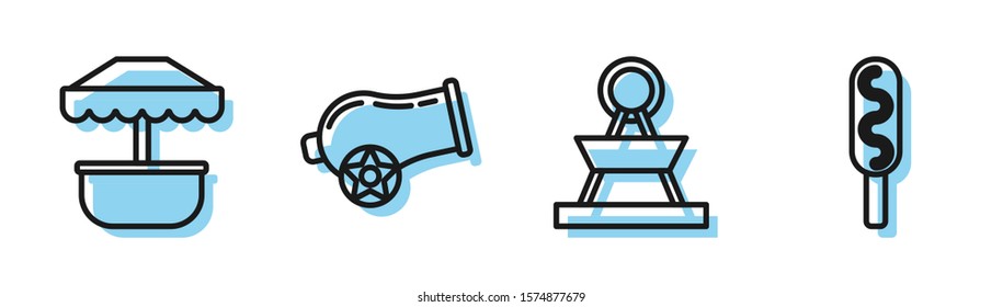 Set line Attraction carousel, Attraction carousel, Cannon and Corn dog icon. Vector