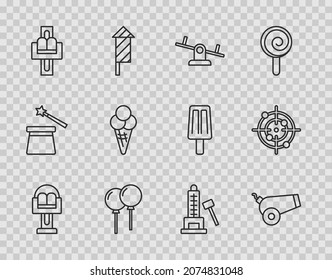Set Linie Attraktionskarussell, Cannon, Seesaw, Ballons mit Band, Eis in Waffelkegel, Striker Attraktionshammer und Ziel Sport Icon. Vektorgrafik