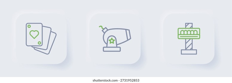 Set line Attraction carousel, Cannon and Playing cards icon. Vector
