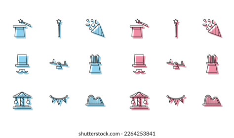 Set line Attraction carousel, Carnival garland with flags, Magic hat wand, Roller coaster, Seesaw, Magician rabbit ears,  and  icon. Vector