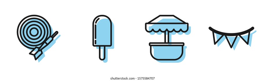 Set line Attraction carousel, Classic dart board and arrow, Ice cream and Carnival garland with flags icon. Vector