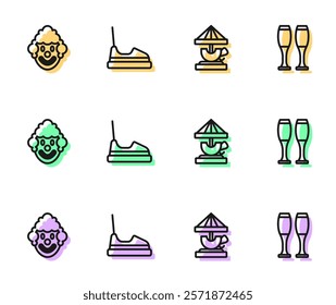 Set line Attraction carousel, Clown head, Bumper and Bowling pin icon. Vector