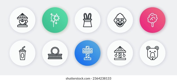 Set line Attraction carousel, Cotton candy, Paper glass with water, Clown head, Magician hat rabbit ears, Bear and Roller coaster icon. Vector