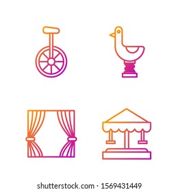 Set line Attraction carousel, Curtain, Unicycle or one wheel bicycle and Riding kid duck. Gradient color icons. Vector