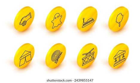 Carrusel de la atracción, tambor con palos de tambor, tablero de dardo clásico y flecha, tienda de circo, caramelo de algodón, parachoques, fantasma e icono de cañón. Vector