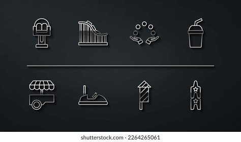 Set line Attraction carousel, Fast street food cart, Paper glass with water, Firework rocket, Bumper, Roller coaster, Circus ticket and Juggling ball icon. Vector