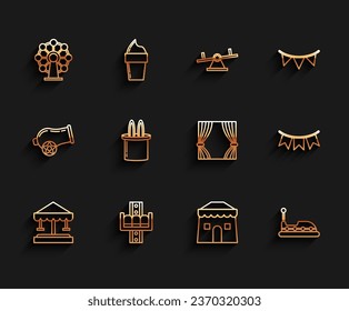 Set line Attraction carousel, Ferris wheel, Circus tent, Bumper, Magician hat and rabbit ears, Carnival garland with flags and Curtain icon. Vector