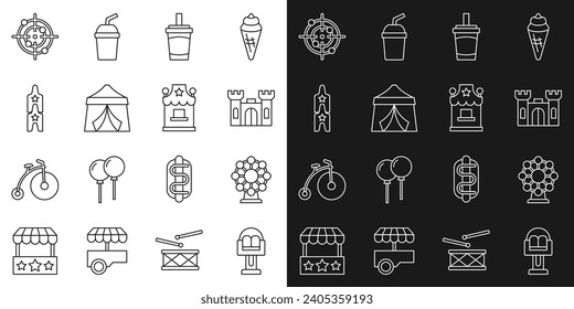 Fijar línea Carrusel de la atracción, rueda de la fortuna, Castillo, Vidrio de papel con agua, tienda de circo, boleto, Deporte de destino y icono de taquilla de la caja de boletos. Vector