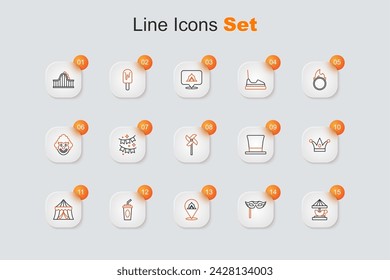 Set line Attraction carousel, Festive mask, Circus tent, Paper glass with water, Jester hat bells, Cylinder and Pinwheel toy icon. Vector