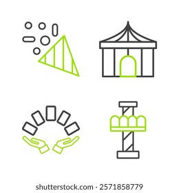 Set line Attraction carousel, Hand holding playing cards, Circus tent and Festive confetti icon. Vector