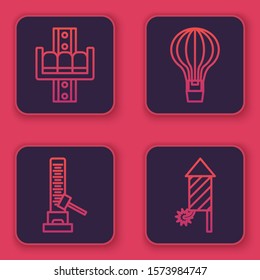 Set line Attraction carousel, High striker attraction with big hammer, Hot air balloon and Firework rocket. Blue square button. Vector