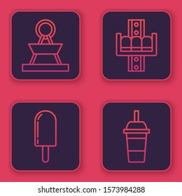 Set line Attraction carousel, Ice cream, Attraction carousel and Paper glass with drinking straw and water. Blue square button. Vector
