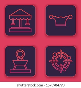 Set line Attraction carousel, Attraction carousel, Jester hat with bells and Target sport for shooting competition. Blue square button. Vector